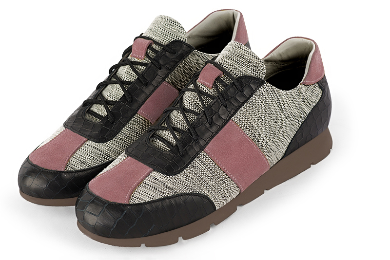 Satin black, ash grey and dusty rose pink three-tone dress sneakers for men. Round toe. Flat rubber soles. Front view - Florence KOOIJMAN